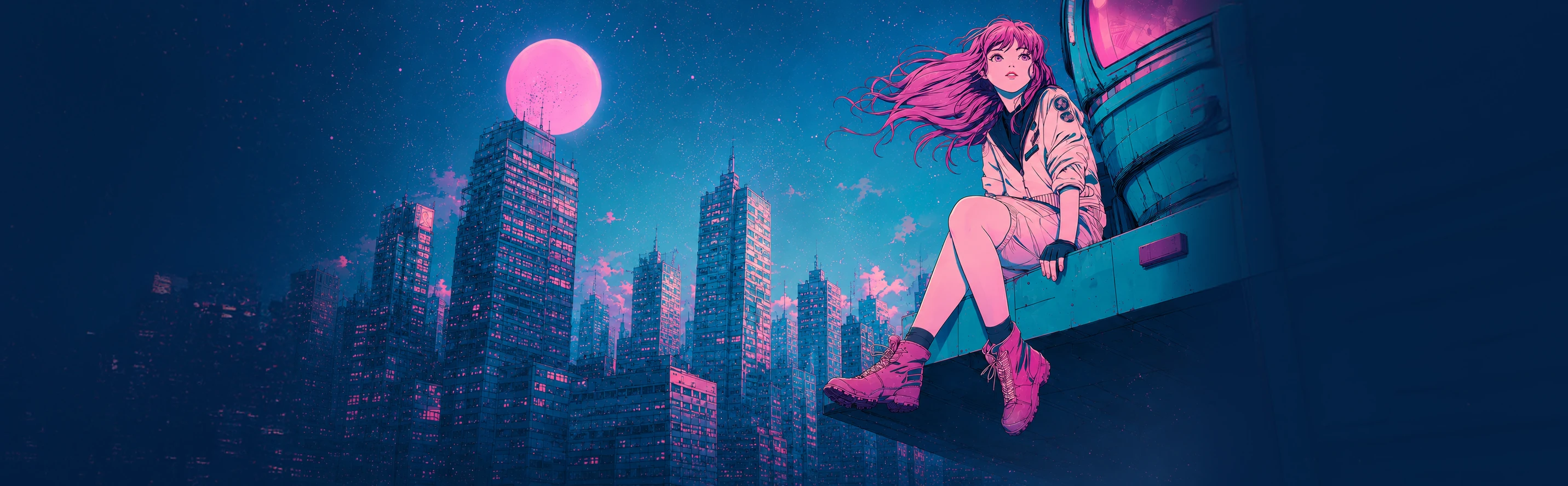 Anime character on a rooftop above a neon city