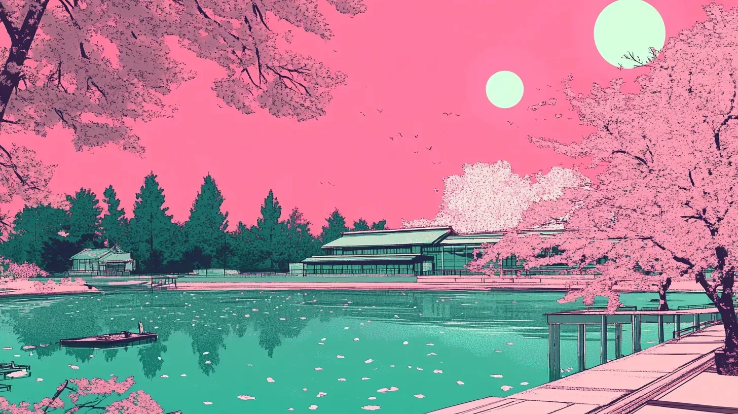 Anime-inspired Japanese lakeside landscape with cherry blossoms