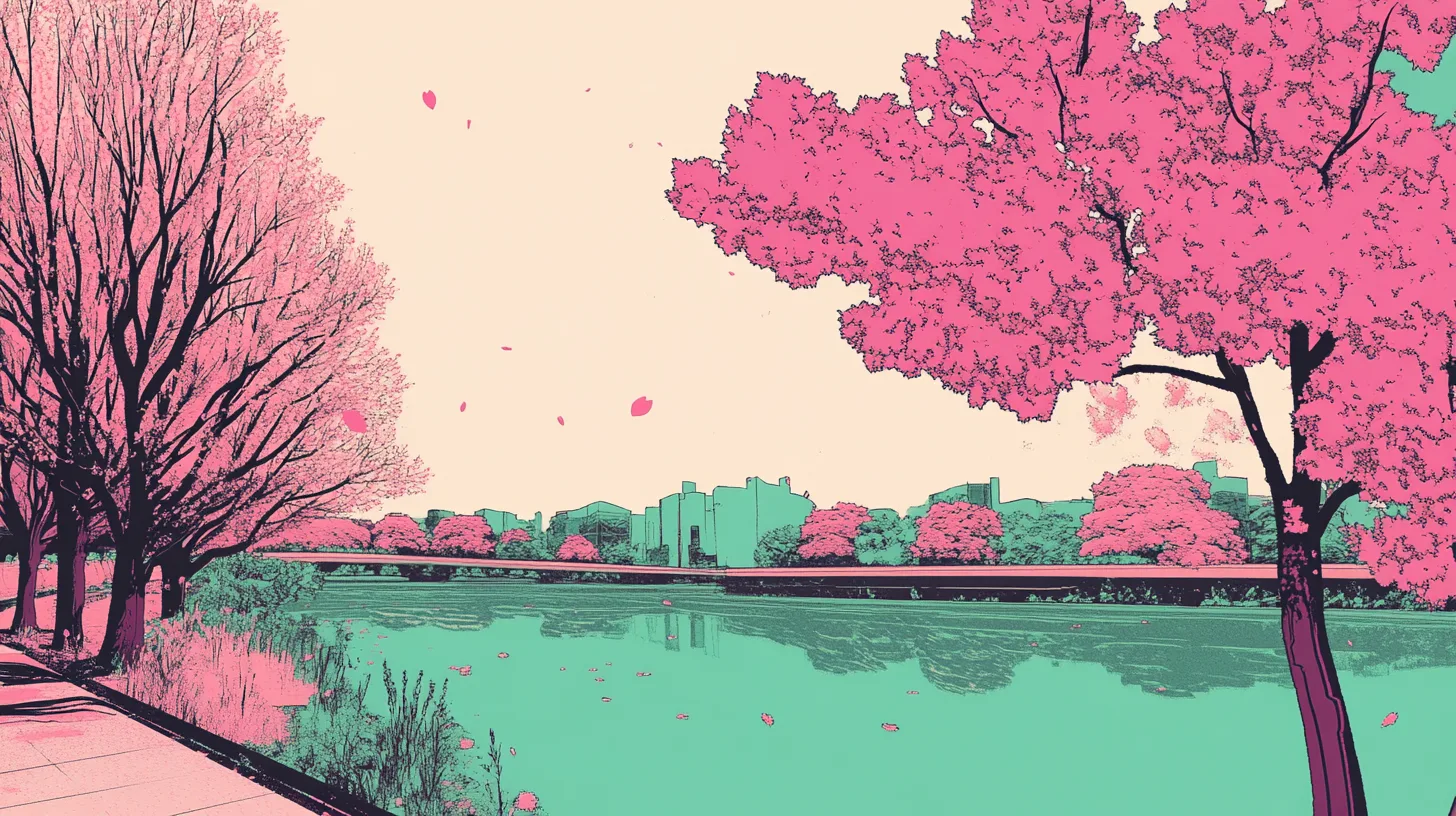 Pink cherry blossom landscape artwork for ME & The Robots FAQ